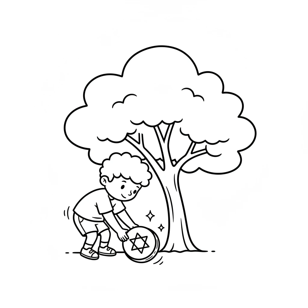 Little Leo loved to explore. One sunny morning, he found a very special book hidden under a big oak tree. It was perfectly round and sparkled just a little. Image: A small, curious boy with a round head, simple body, and stick arms and legs, bending down to pick up a perfectly round book with a simple star on its cover. The book is drawn with a bold circular outline. All lines are pure black on a pure white background, 2-4px bold, with minimum strokes.