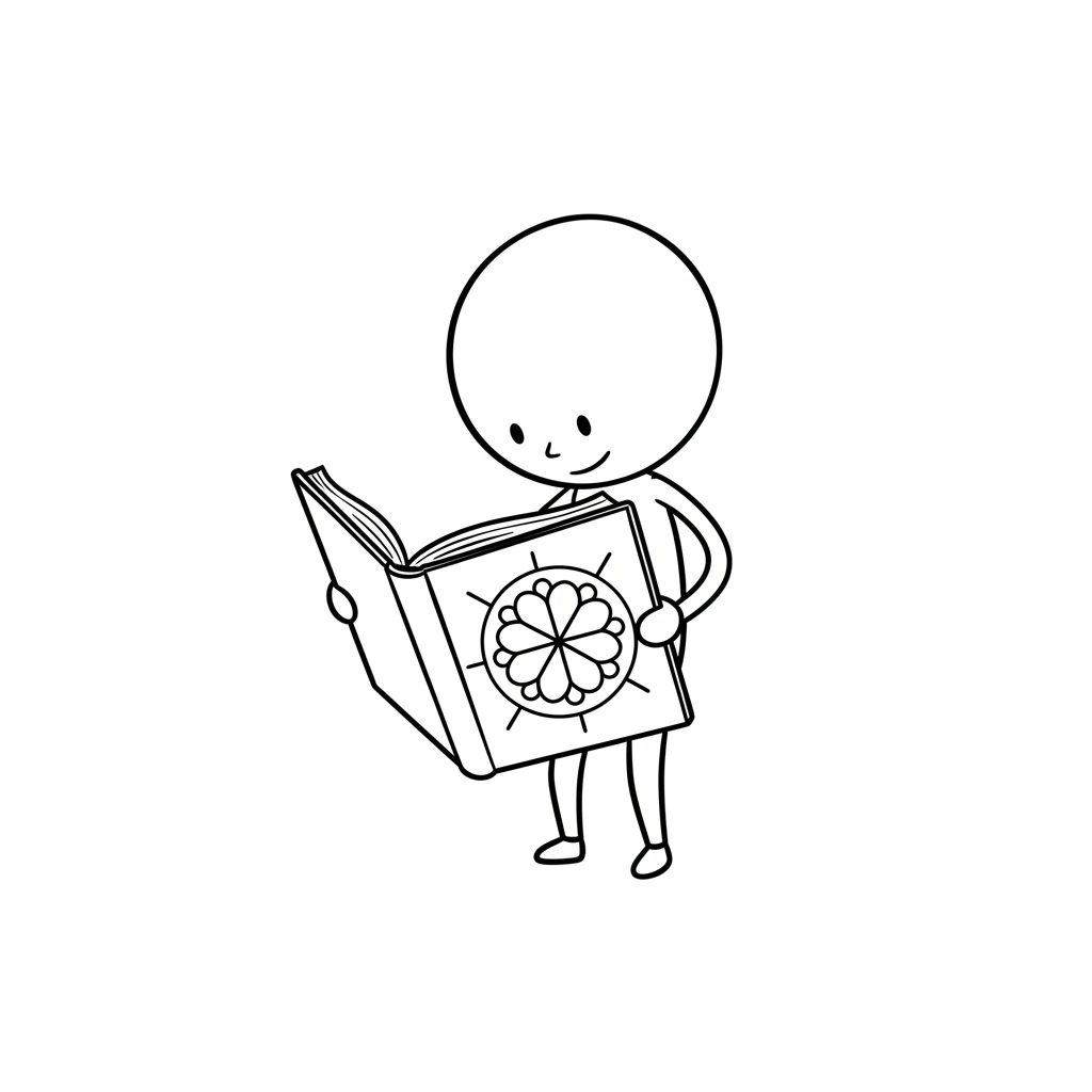 When Leo opened the book, he saw a beautiful picture inside. It was a circle filled with repeating patterns, like magic! The book whispered, "This is a mandala." Image: Leo's simple round head and stick hands are visible, looking at an open round book. Inside the book, a very simple mandala with concentric circles and a few radiating lines or simple petal shapes. All lines are pure black on a pure white background, 2-4px bold, with minimum strokes.