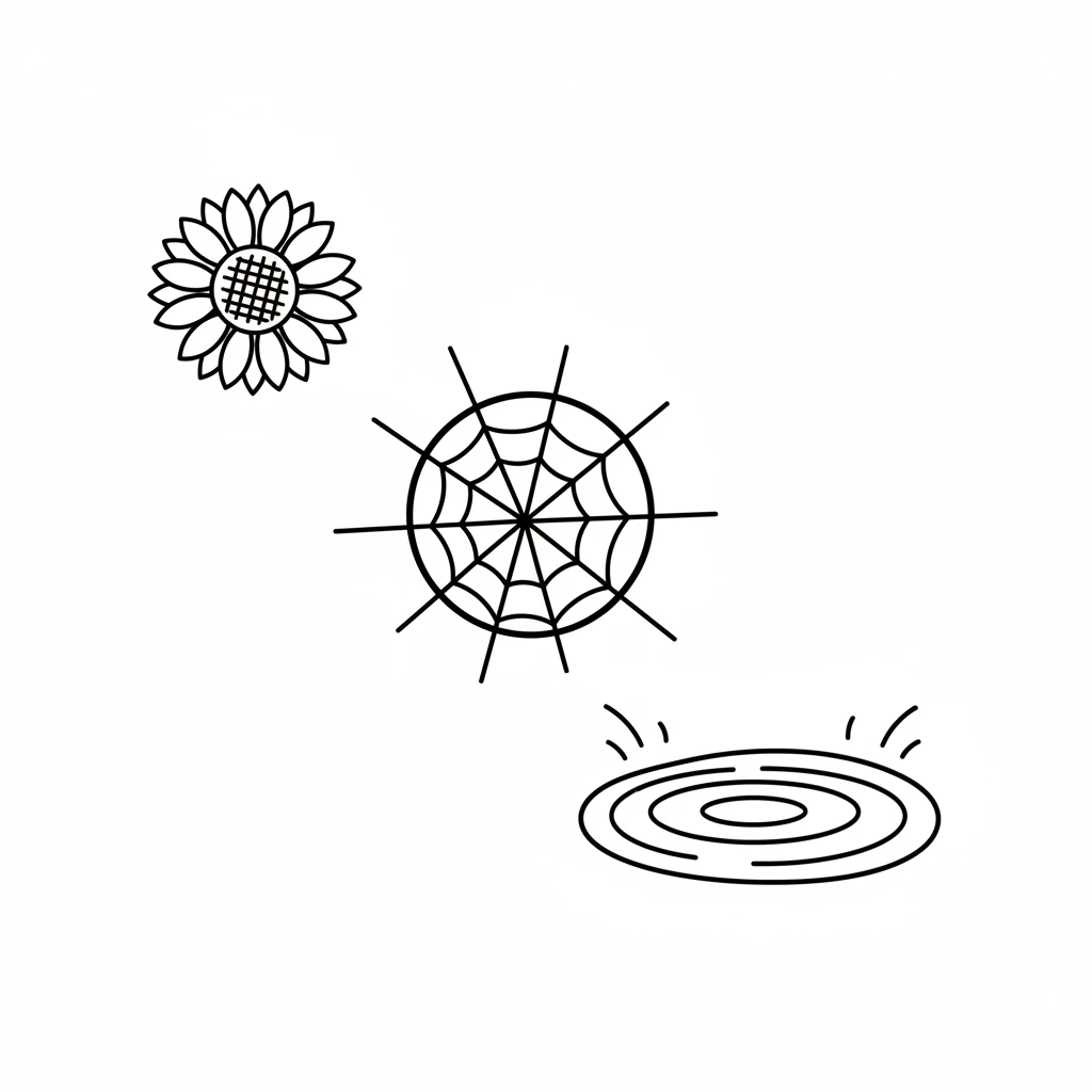 The book showed Leo that mandalas are everywhere! He looked around and saw a sunflower, a spiderweb, and even ripples in a puddle, all like tiny mandalas. Image: Three small, simple circular shapes: a sunflower (central circle with radiating petals), a spiderweb (concentric circles with radial lines), and water ripples (concentric circles with a few arcs). All lines are pure black on a pure white background, 2-4px bold, with minimum strokes.