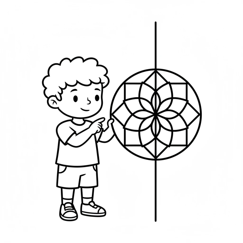 The book taught Leo that mandalas are balanced. If you draw a line right through the middle, both sides look the same. It's like a mirror picture! Image: A simple, symmetrical mandala with concentric circles and a few radiating lines. A bold vertical line is drawn through its exact center, indicating symmetry. All lines are pure black on a pure white background, 2-4px bold, with minimum strokes.