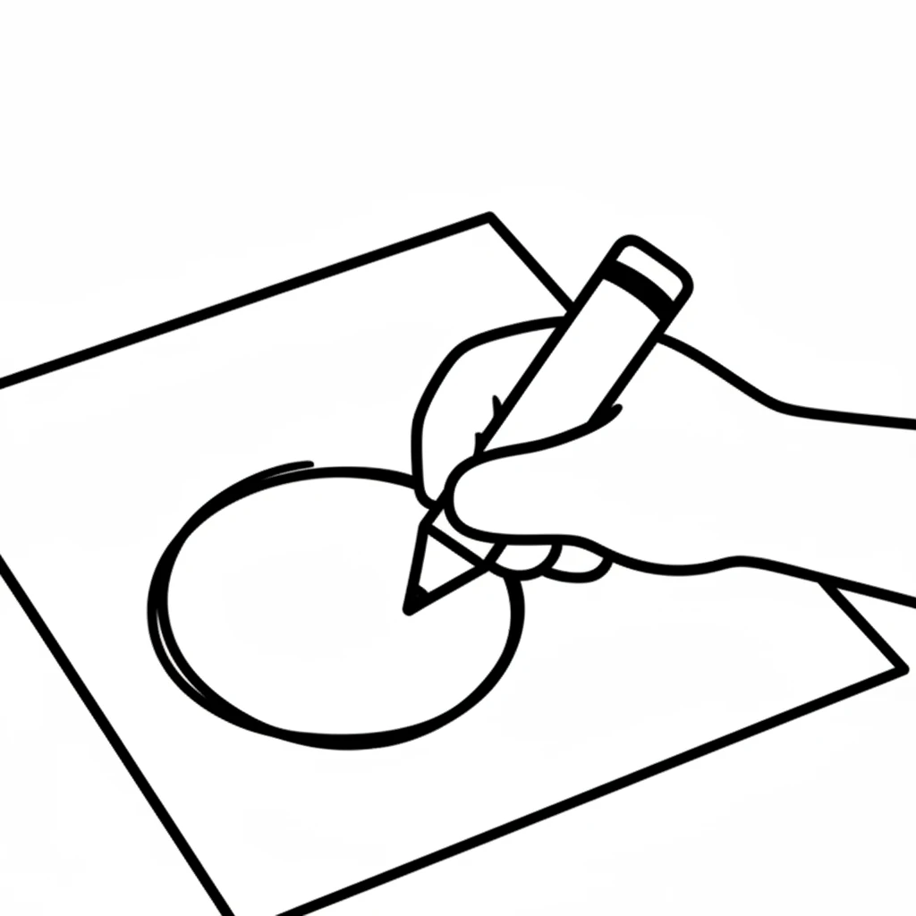 Leo felt inspired! He grabbed a piece of paper and a crayon. He started with a big circle, just like the book showed him. Image: Leo's simple hand holding a crayon (a simple rectangle with a pointed tip), drawing a large, bold circle on a blank page. All lines are pure black on a pure white background, 2-4px bold, with minimum strokes.