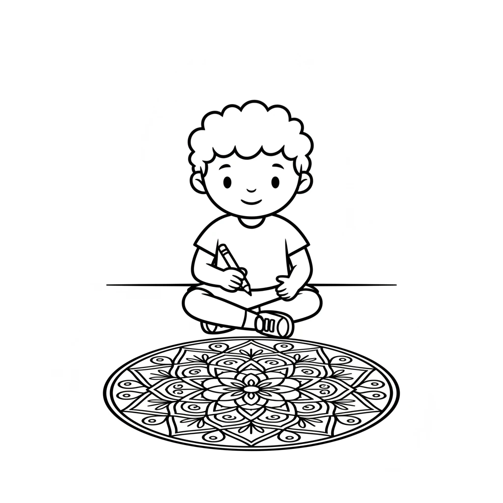 Drawing his mandala made Leo feel so calm and happy. He concentrated on each line, feeling peaceful and creative all at once. It was a wonderful feeling. Image: Leo's simple round face (two dots for eyes, a curved line for a smile) looking content and serene, with his finished, simple mandala visible in front of him. All lines are pure black on a pure white background, 2-4px bold, with minimum strokes.