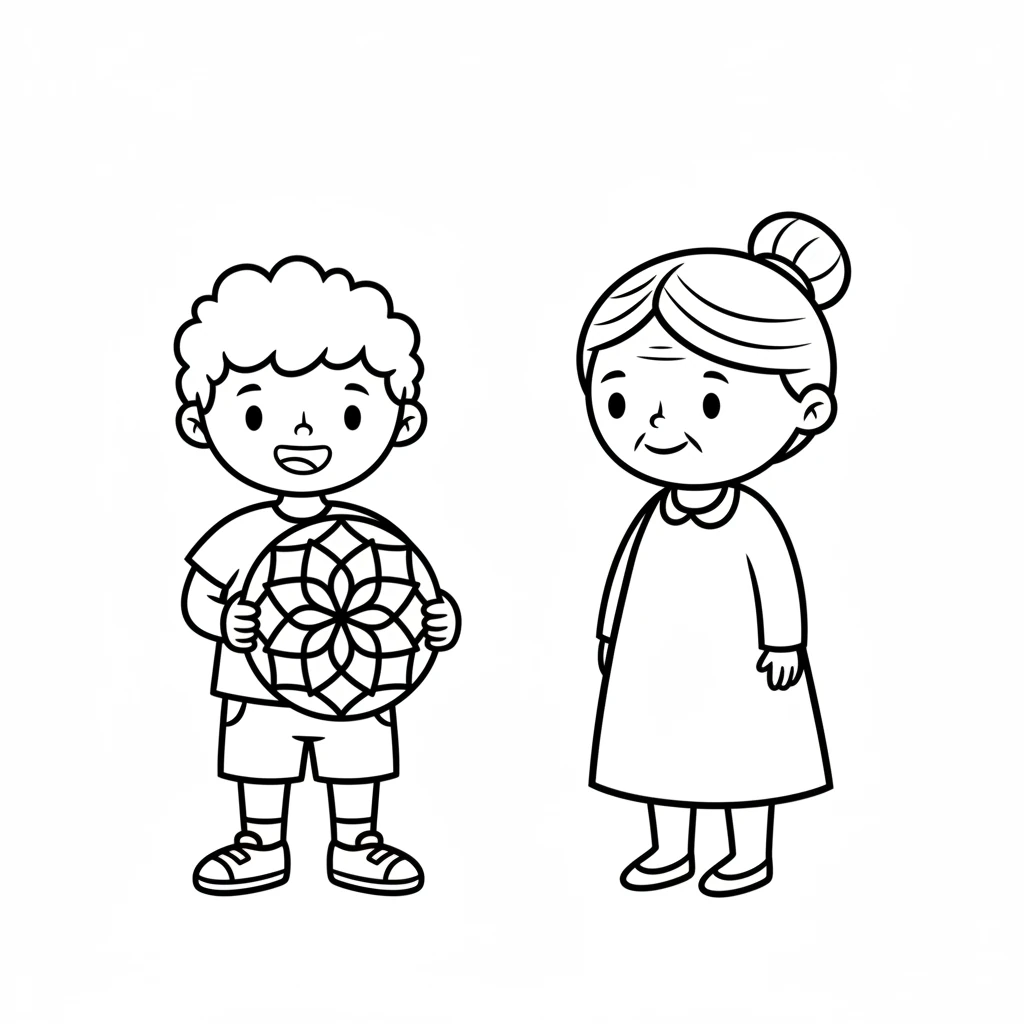 When his mandala was finished, Leo proudly showed it to his grandma. She smiled and said, "What a beautiful pattern you've made, Leo!" Image: Leo holding up his simple mandala drawing, showing it to a simple depiction of Grandma (a slightly taller figure with a simple round head, perhaps a small bun or simple curved hair, and a smiling mouth). All lines are pure black on a pure white background, 2-4px bold, with minimum strokes.