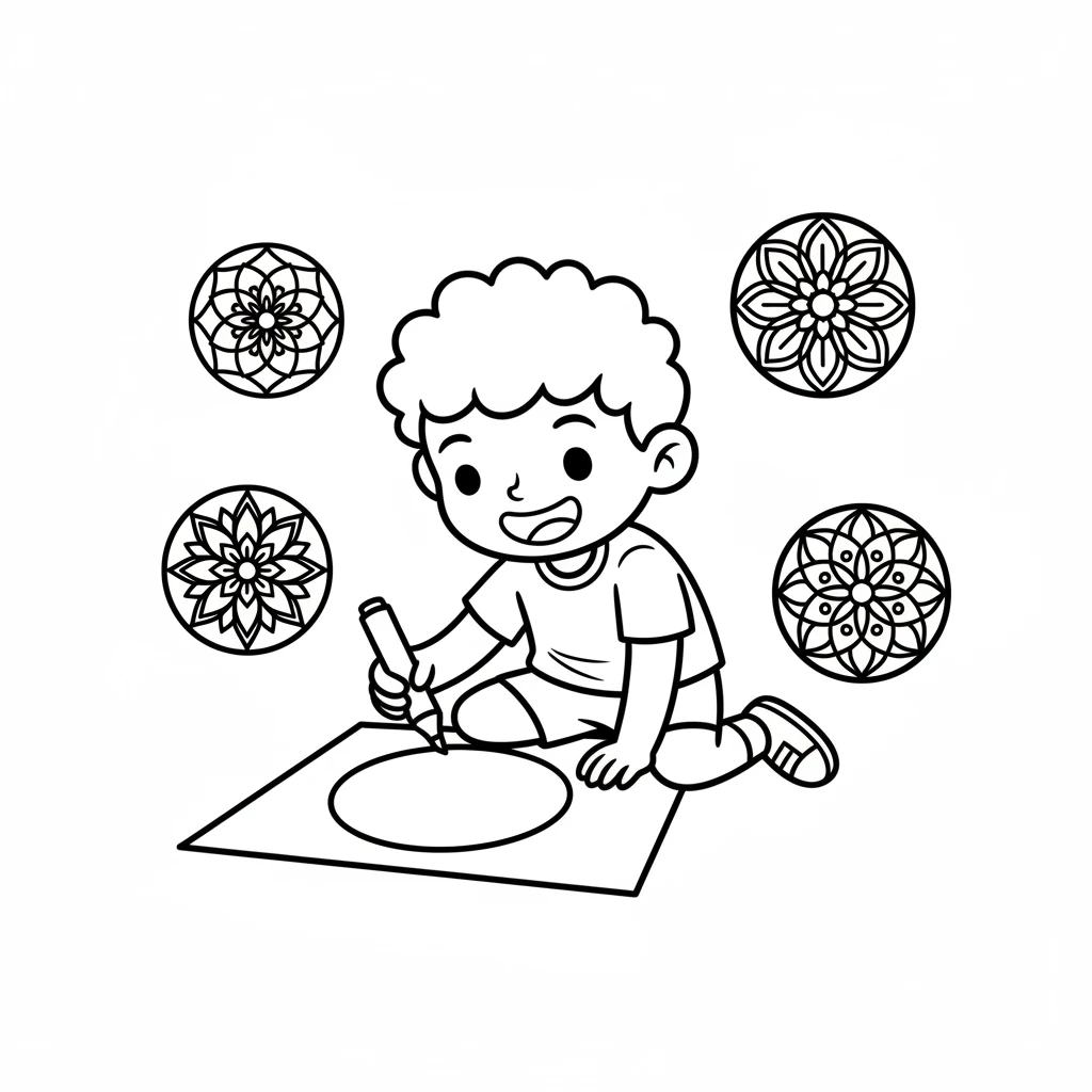 Leo learned that making mandalas is a fun way to create beautiful patterns. Every mandala is unique, just like every artist. He couldn't wait to draw another one! Image: Leo happily drawing another simple circle on a new page, with a few distinct, simple mandalas (like those from previous scenes) floating around him, suggesting his creativity. All lines are pure black on a pure white background, 2-4px bold, with minimum strokes.