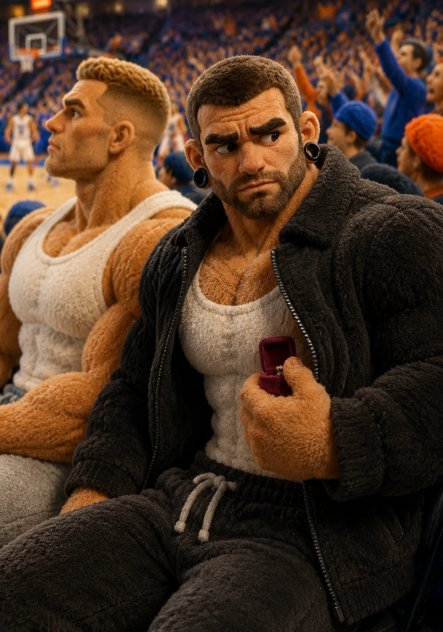 Marcus sat nervously in the front rows of Madison Square Garden, the energetic roar of the New York Knicks crowd echoing all around him. Beside him was Julian, his partner, who was completely absorbed in the intense, high-stakes basketball game. Marcus held a small velvet box tightly in his jacket pocket, waiting for the perfect moment to surprise the love of his life.