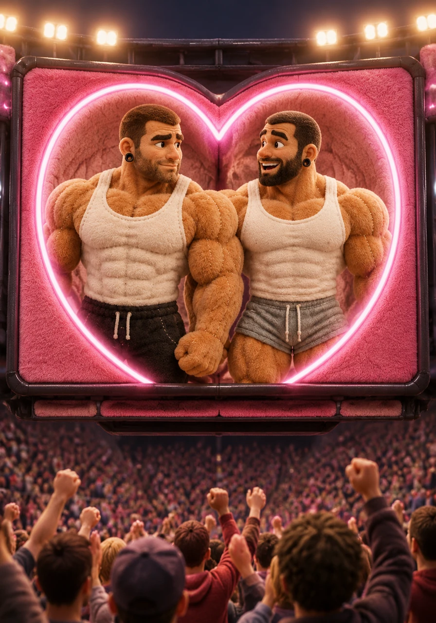 Suddenly, the giant screen illuminated with their own faces, framing Marcus and Julian inside a glowing pink heart with the words KISS CAM in bold white letters. The stadium erupted into cheers and laughter as Julian turned to Marcus, a handsome, surprised smile breaking across his bearded face. Marcus knew there was no turning back now, and his nervousness melted into pure excitement.