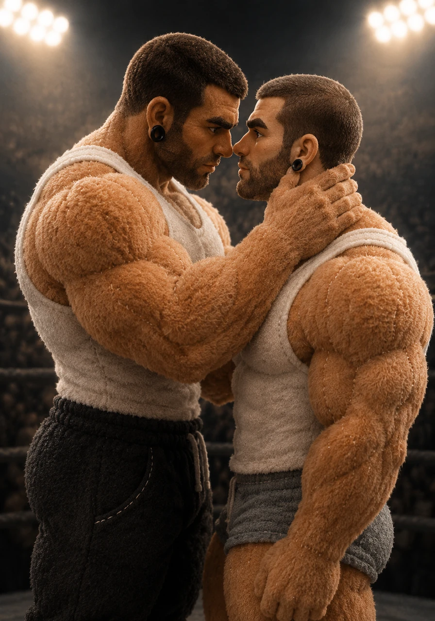 Julian gently placed his hand on the back of Marcus's neck, pulling him closer under the dramatic arena spotlights. Marcus, sporting his favorite tight white tank top that highlighted his muscular frame, leaned in without a second thought. Their eyes locked for a brief, intense second before the rest of the world completely faded away.
