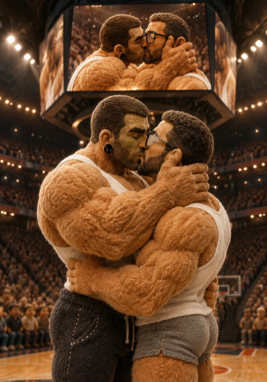 They shared a deeply passionate, breathless kiss right there on the big screen, completely unbothered by the thousands of spectators watching them. Julian's glasses fogged up slightly as they held each other close, their love radiating through the entire basketball arena. The jumbotron captured every vivid detail of their embrace, showcasing a beautiful moment of pure, authentic romance.