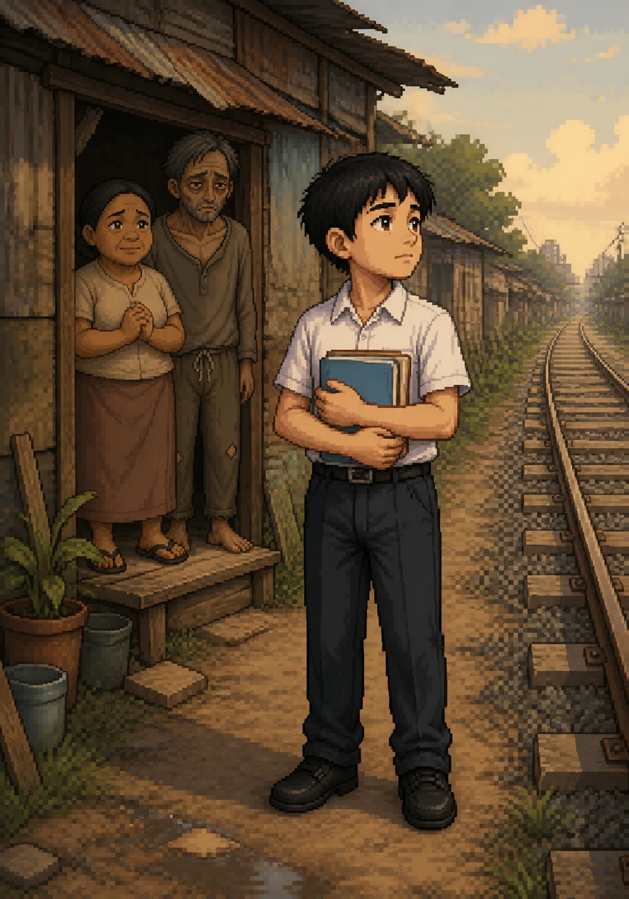 Isang batang lalaki na nagngangalang Mateo ang nakatayo sa labas ng kanilang maliit na barung-barong sa gilid ng riles ng tren, habang hawak ang kanyang mga aklat at nakatingin sa malayo nang may determinasyon.