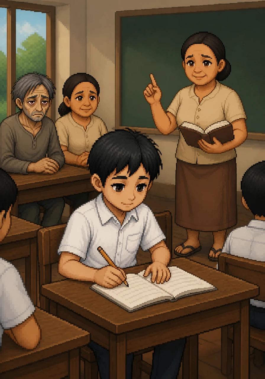 Sa loob ng isang silid-aralan, masipag na nakikinig si Mateo sa kanyang guro habang maingat na nagsusulat sa kanyang kuwaderno, suot ang kanyang tanging malinis na uniporme.