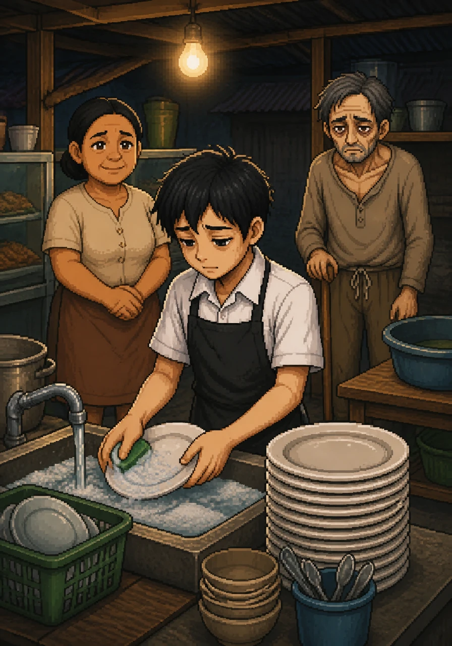 Pagdating ng hapon, makikita si Mateo sa karinderya ni Aling Nena na nakasuot ng apron at seryosong naghuhugas ng tumpok-tumpok na mga plato sa ilalim ng maliit na bumbilya.