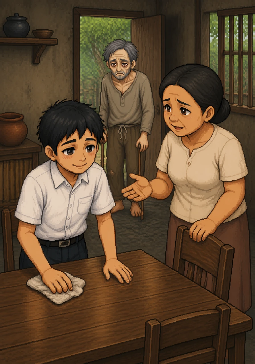 Kausap ni Aling Nena si Mateo habang naglilinis ng lamesa, bakas sa mukha ng matanda ang pag-aalala habang si Mateo naman ay nakangiting tumutugon kahit halata ang pagod sa kanyang mga mata.