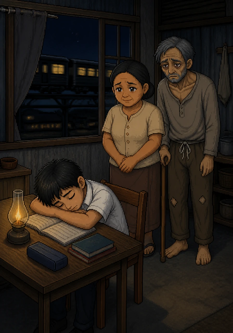Sa gitna ng gabi, nakasandal si Mateo sa kanyang maliit na mesa at nakatulog sa ibabaw ng kanyang notebook, habang ang anino ng dumaraang tren ay makikita sa bintana ng kanilang dampa.