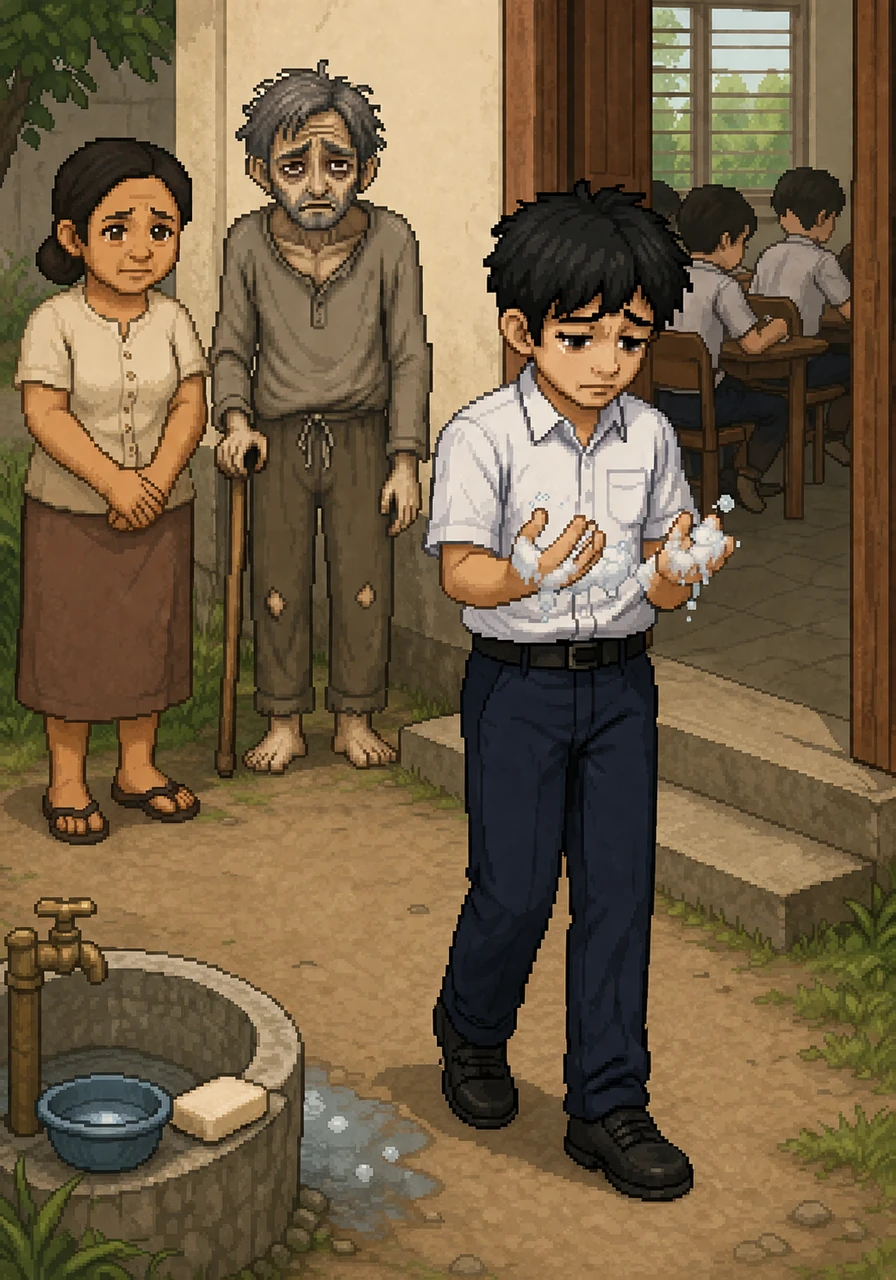 Tinitingnan ni Mateo ang kanyang mga kamay na magaspang at puno ng bula ng sabon, bago niya tinalikuran ang kanyang mga kaklase upang pumasok sa kanilang silid-aralan para sa pagsusulit.