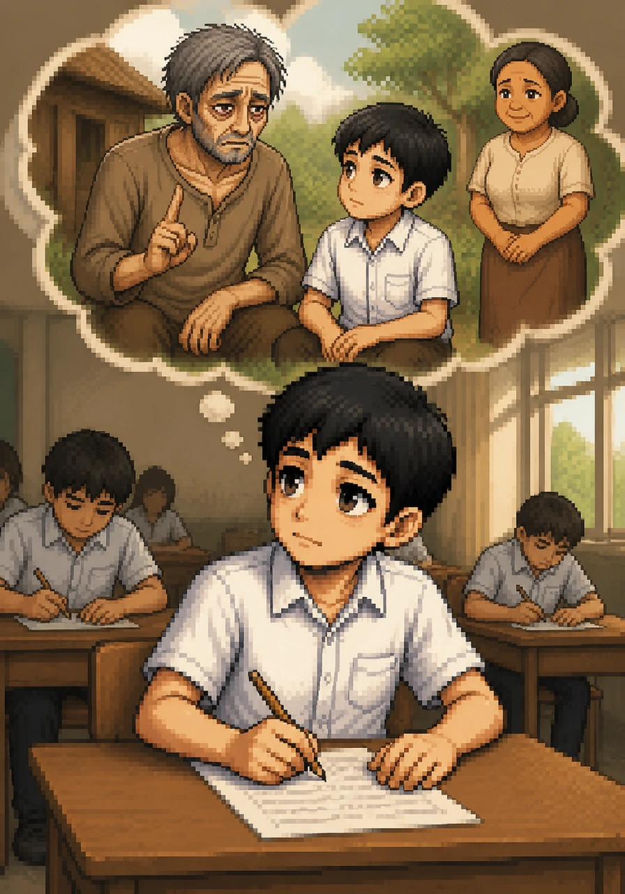 Buong husay na sumasagot si Mateo sa kanyang exam paper, malayo ang tingin at tila inaalala ang mga pangaral ng kanyang ama tungkol sa pagpili ng tamang landas sa buhay.