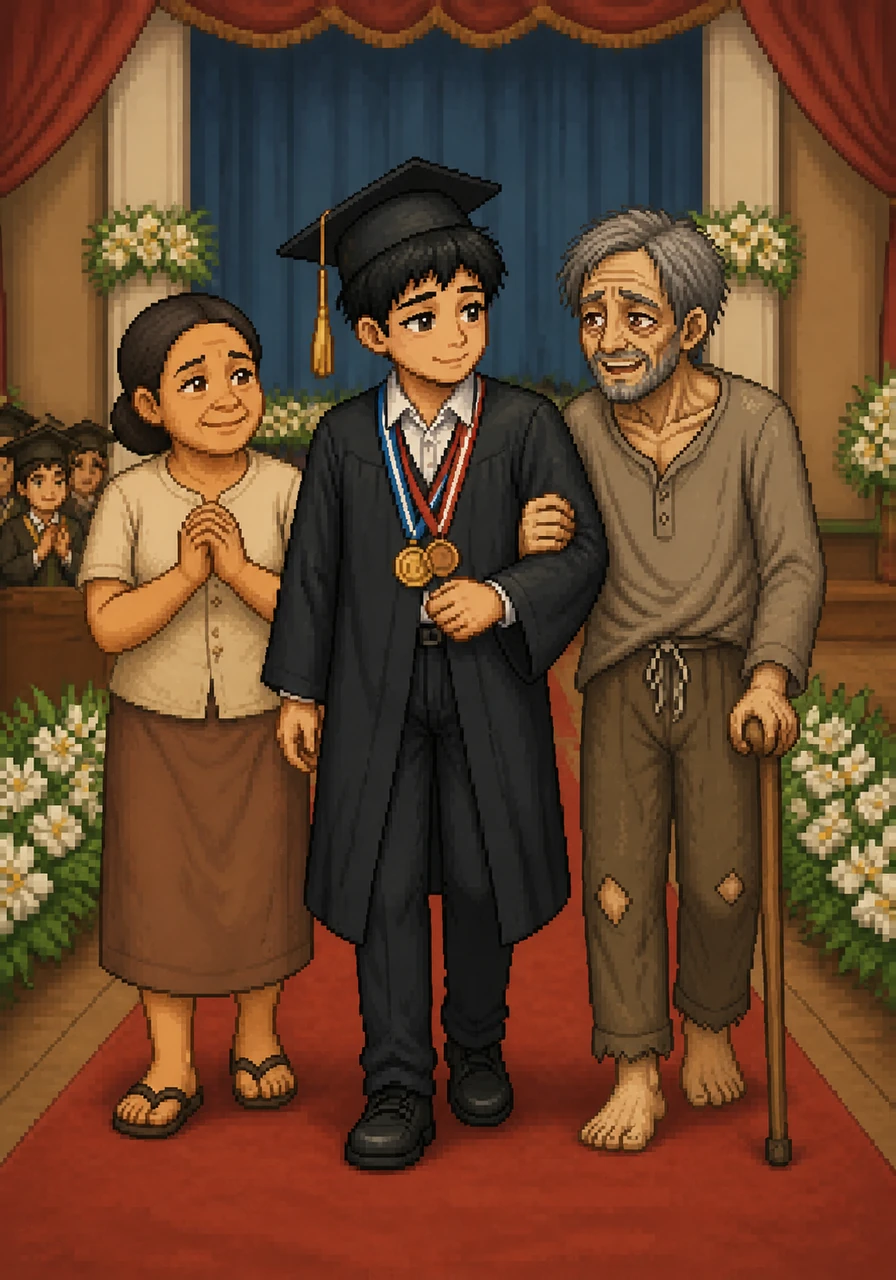 Sa araw ng pagtatapos, naglalakad si Mateo sa entablado suot ang kanyang toga at mga medalya, habang inaalalayan ang kanyang amang may hawak na tungkod ngunit punong-puno ng galak ang mukha.