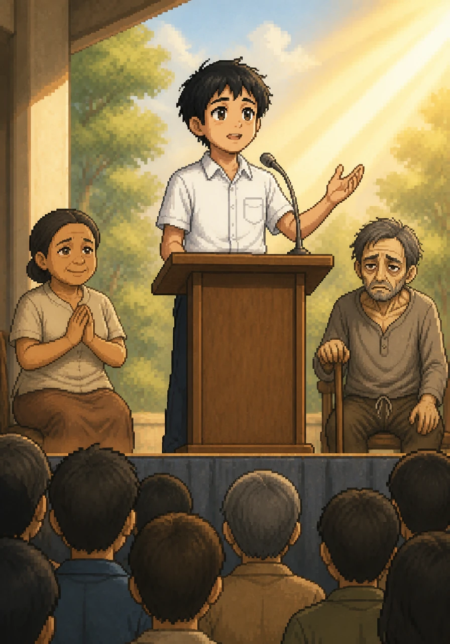 Nakatayo si Mateo sa podium habang nagbibigay ng kanyang talumpati sa harap ng maraming tao, habang ang sikat ng araw ay tumatama sa kanyang mukha na sumisimbolo sa kanyang maliwanag na kinabukasan.