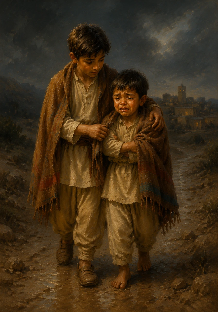 علی نے نرمی سے بچے کے کندھے پر ہاتھ رکھا اور اسے تسلی دی کہ اب ڈرنے کی کوئی بات نہیں ہے۔ اس نے اپنا گرم کمبل بچے کو اڑھایا اور اسے سہارا دے کر گاؤں کی طرف لے جانے لگا۔