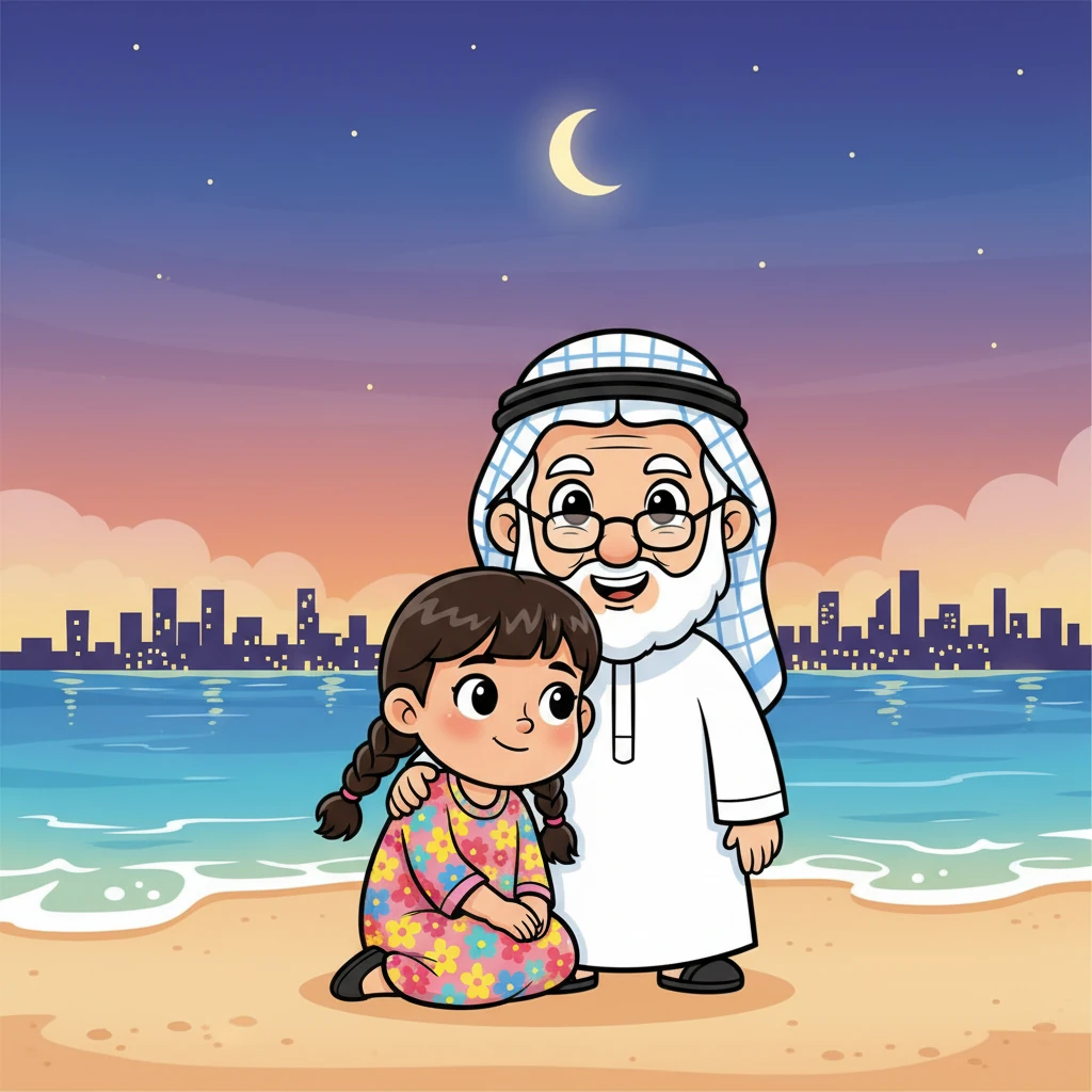 في أمسية ربيعية جميلة في البحرين، جلست ليلى الصغيرة بجانب جدها حسن على الشاطئ. كانت أضواء المدينة تتلألأ على سطح الماء بهدوء، وصوت الأمواج يهمس بقصص لا تُعد ولا تُحصى. شعرت ليلى بسعادة غامرة وهي تستمتع بالمنظر البديع.
