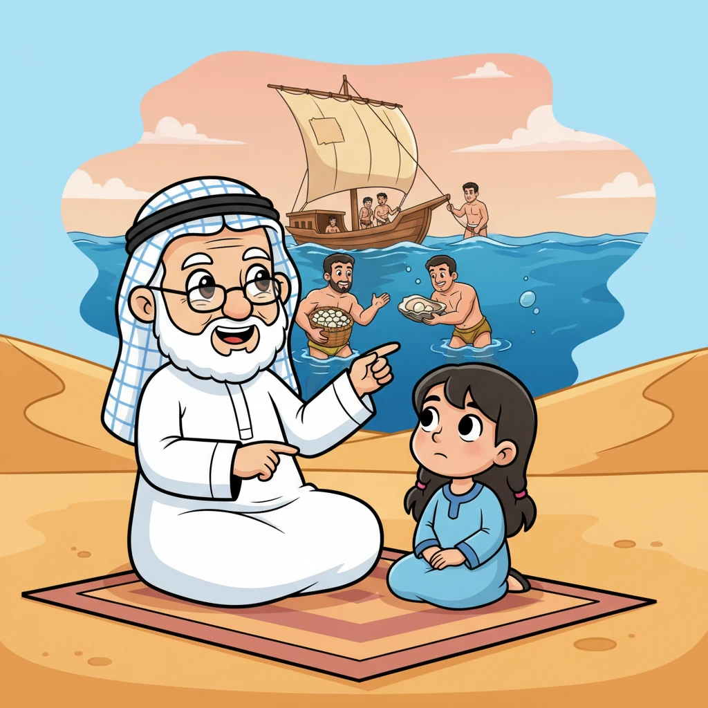 أخبر الجد حسن ليلى أن الحياة كانت مختلفة تمامًا، وأنهم كانوا يعتمدون على البحر في رزقهم. وصف لها الرجال الشجعان الذين كانوا يبحرون في سفن خشبية بسيطة، ويغوصون بحثًا عن اللؤلؤ النفيس. كانوا يقضون شهورًا بعيدين عن أهلهم، لكنهم كانوا أقوياء وصابرين.