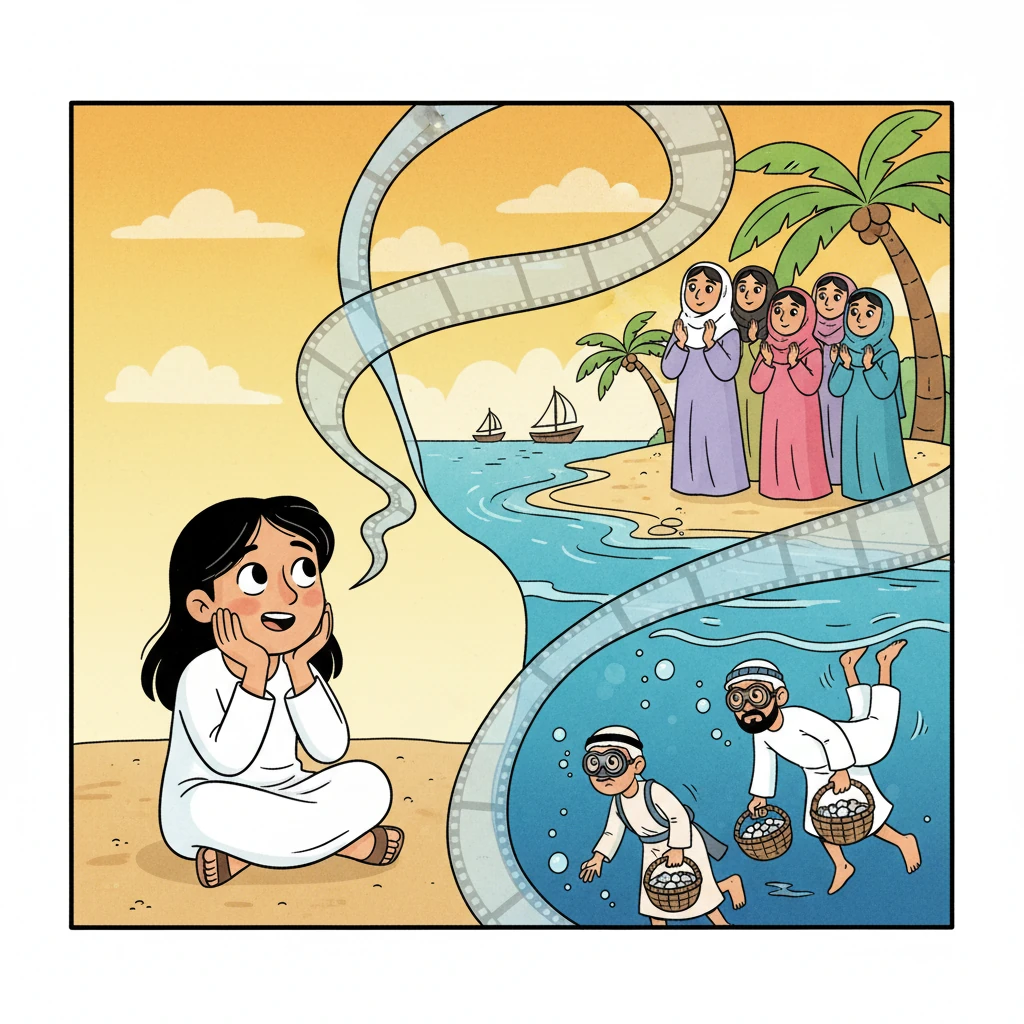 وبينما كانت ليلى تستمع، تخيلت المشهد وكأنه فيلم قديم ينبض بالحياة. رأت الرجال الشجعان يغوصون في أعماق البحر، والأمهات ينتظرن عودتهم بالدعاء والأمل. شعرت ليلى بفخر عميق بأجدادها الأقوياء والصابرين.