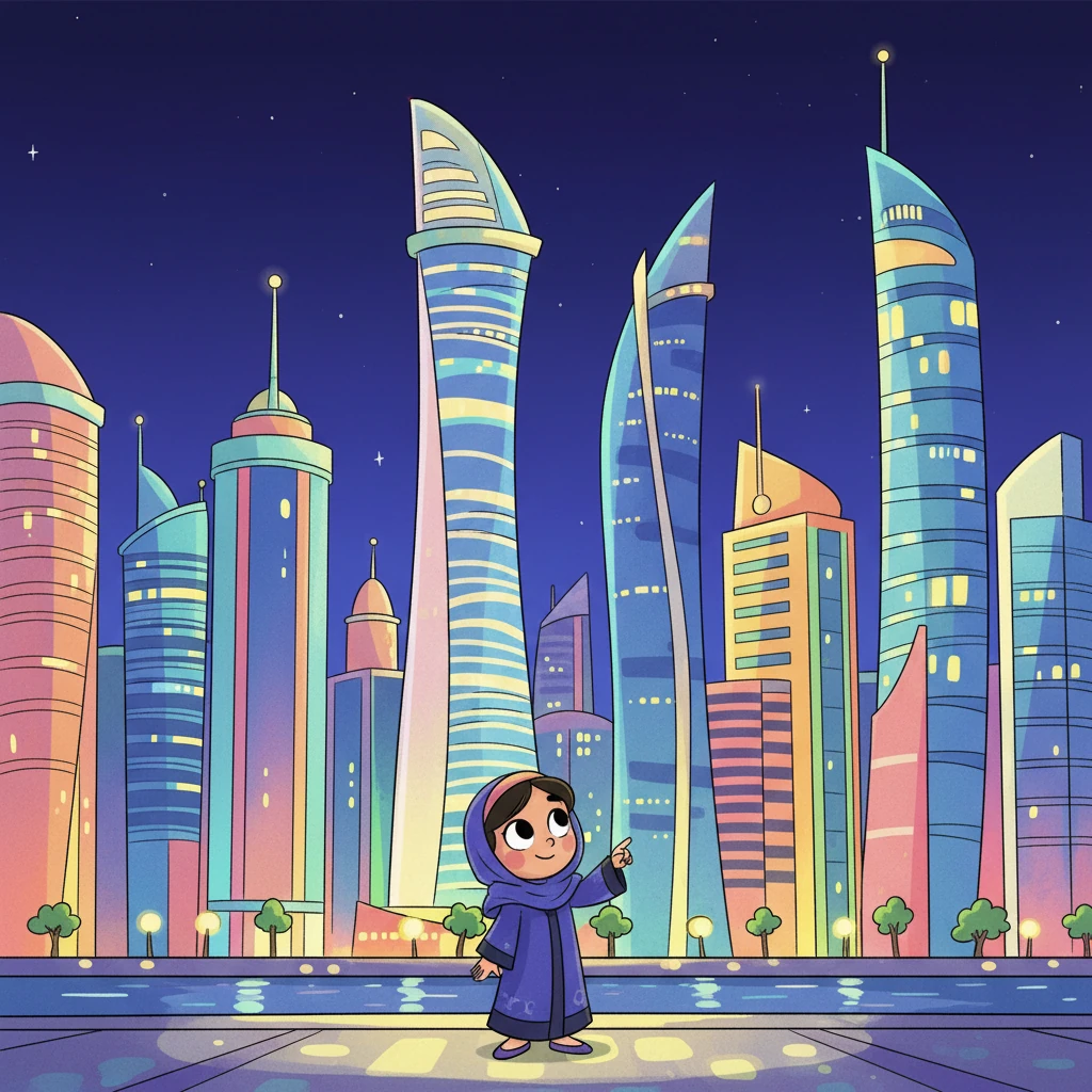 نظرت ليلى حولها إلى المدينة الحديثة التي تضيء الليل بألوانها الزاهية. رأت الأبراج الشاهقة مثل برج البحرين المالي تلمع في السماء، تعكس التقدم والازدهار. بدا المشهد وكأنه لوحة فنية معاصرة.