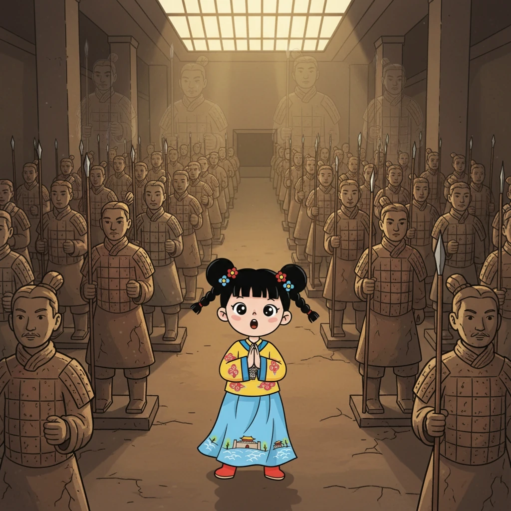 他来到了兵马俑博物馆，被那些威武的陶俑深深震撼。小长安想象着古老的军队，内心充满了敬畏之情。他仔细观察着每一个细节，仿佛置身于历史之中。