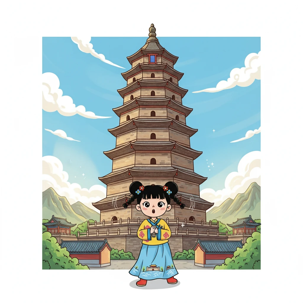 小长安来到了大雁塔，仰望着高耸的塔身。他听着关于玄奘的故事，心中充满了对知识的渴望。他默默许下愿望，希望未来也能像玄奘一样，勇敢探索世界。