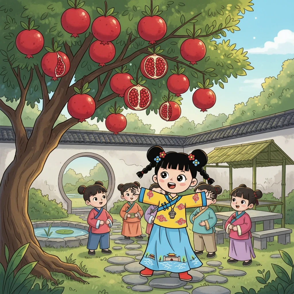 在一个炎热的下午，小长安在庭院里发现了一棵石榴树。树上结满了红彤彤的石榴，散发着诱人的香味。小长安邀请朋友们一起分享这些美味的果实。