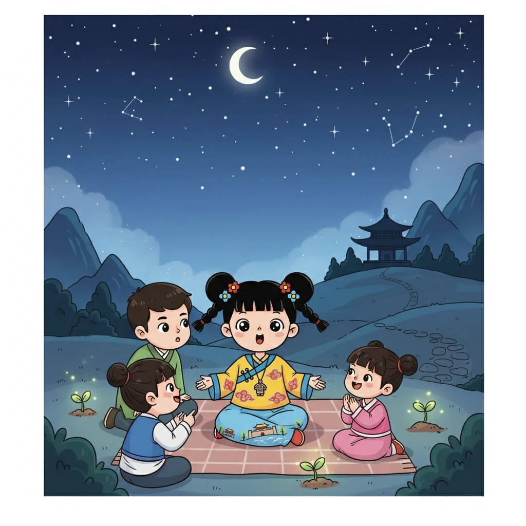 夜幕降临，小长安和小伙伴们在星空下分享着今天的故事。友谊的种子在他们心中生根发芽。他们约定，将来还要一起探索更多的美好地方。