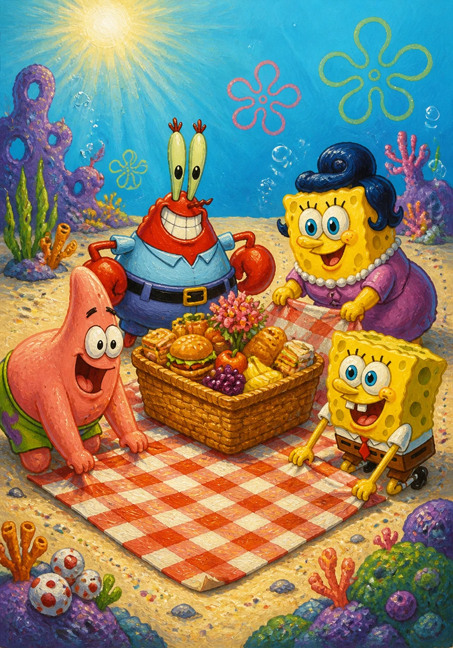 Under the bright, shimmering sun of Bikini Bottom, SpongeBob, Patrick, Mr. Krabs, and SpongeBob’s mom, Margaret, spread a checkered blanket on the soft sand. They placed a large, overflowing picnic basket right in the center, surrounded by colorful coral and sea flowers.