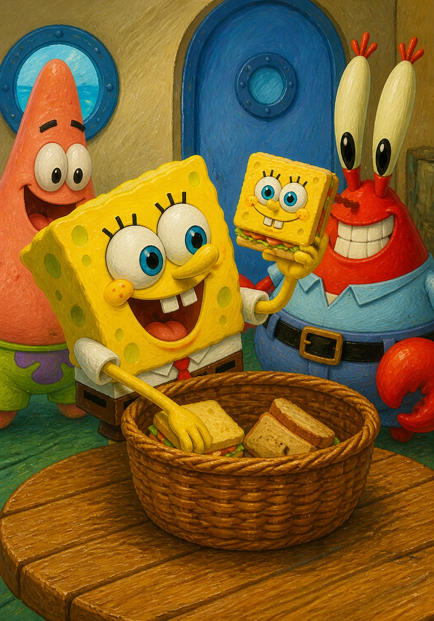 SpongeBob’s eyes lit up with excitement as he stepped forward to take the first turn. He reached deep into the basket and pulled out a perfectly square sandwich that looked exactly like him.