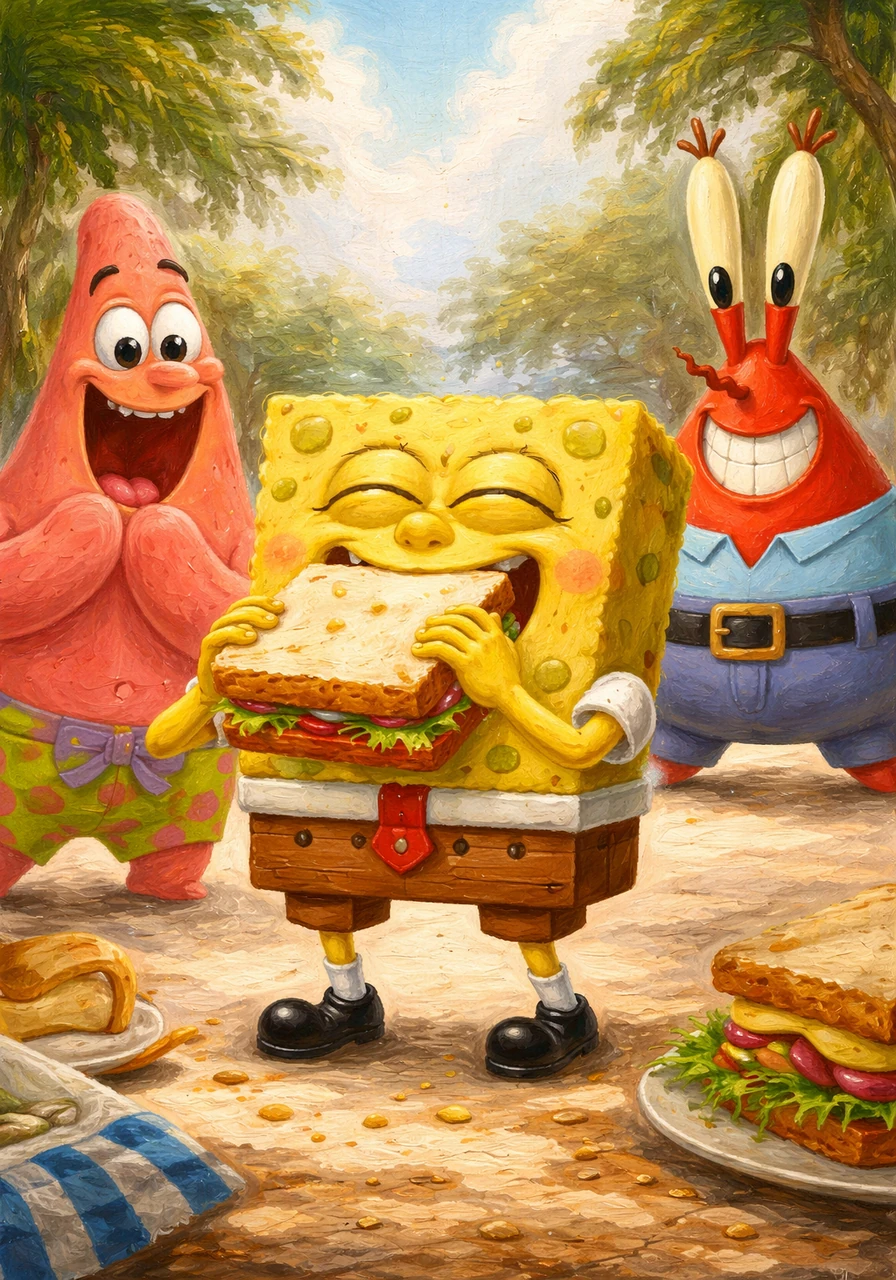With a proud grin, SpongeBob took a big bite of his square snack, cheering about how much it matched his shape. The sandwich was delicious, and he felt very happy to have found something made just for a square like him.
