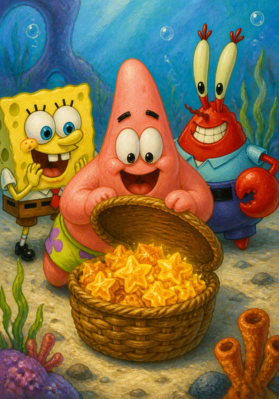 Next, it was Patrick’s turn to peek inside the basket to see what treasures were hidden within. His eyes widened when he discovered a pile of golden, star-shaped nuggets that sparkled under the water.