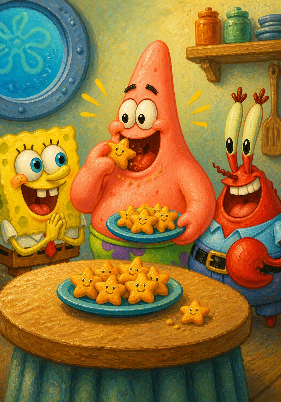 Patrick happily munched on his star-shaped treats, making loud crunching sounds that made everyone laugh. He declared them the tastiest nuggets in the whole ocean because they were shaped exactly like a star.