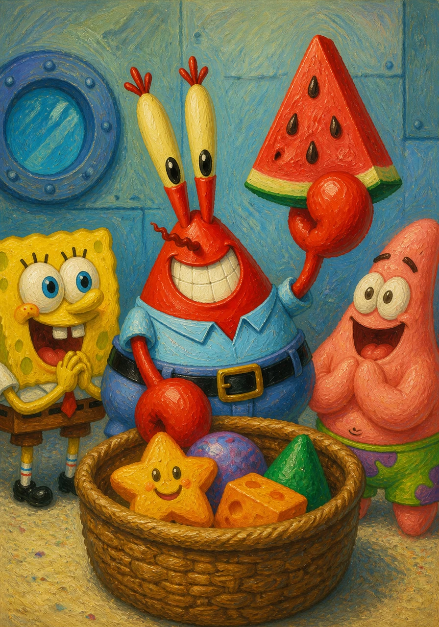Mr. Krabs stepped up next, his claws clicking with anticipation as he searched the basket. He pulled out a large, vibrant slice of watermelon cut into a perfect triangle, matching his pointy top.