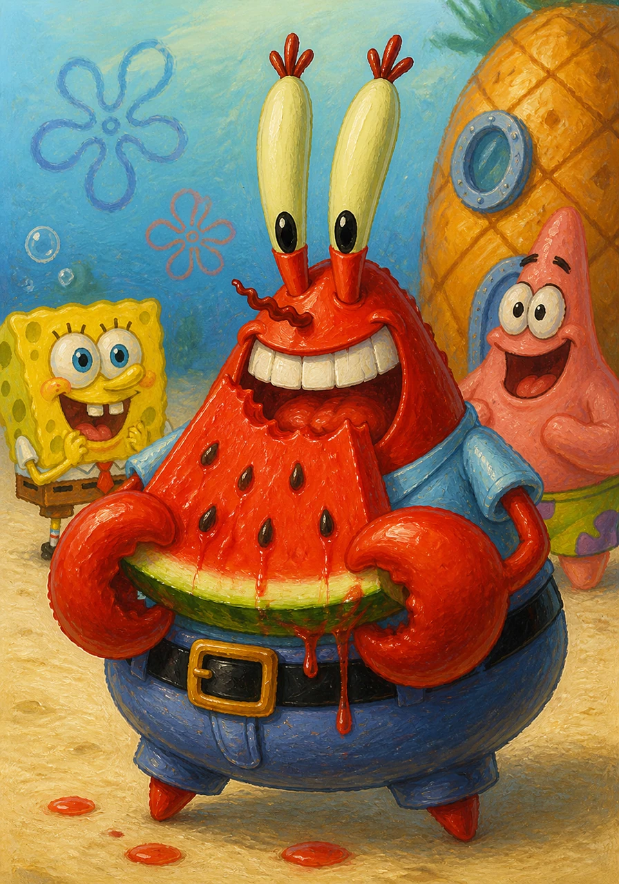 Mr. Krabs took a giant, juicy bite of the triangle watermelon, juice dripping down with every crunch. He gave a big, toothy grin, satisfied that he had found a snack that was just right for a triangle-shaped crab.
