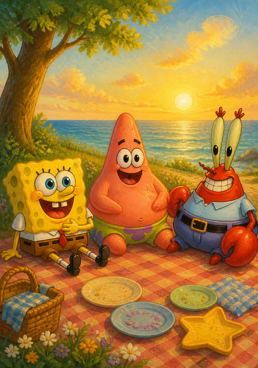 After everyone had finished their special snacks, the friends sat together on the blanket, feeling full and very happy. They realized that even though they were all different shapes, they could all enjoy a wonderful afternoon together.