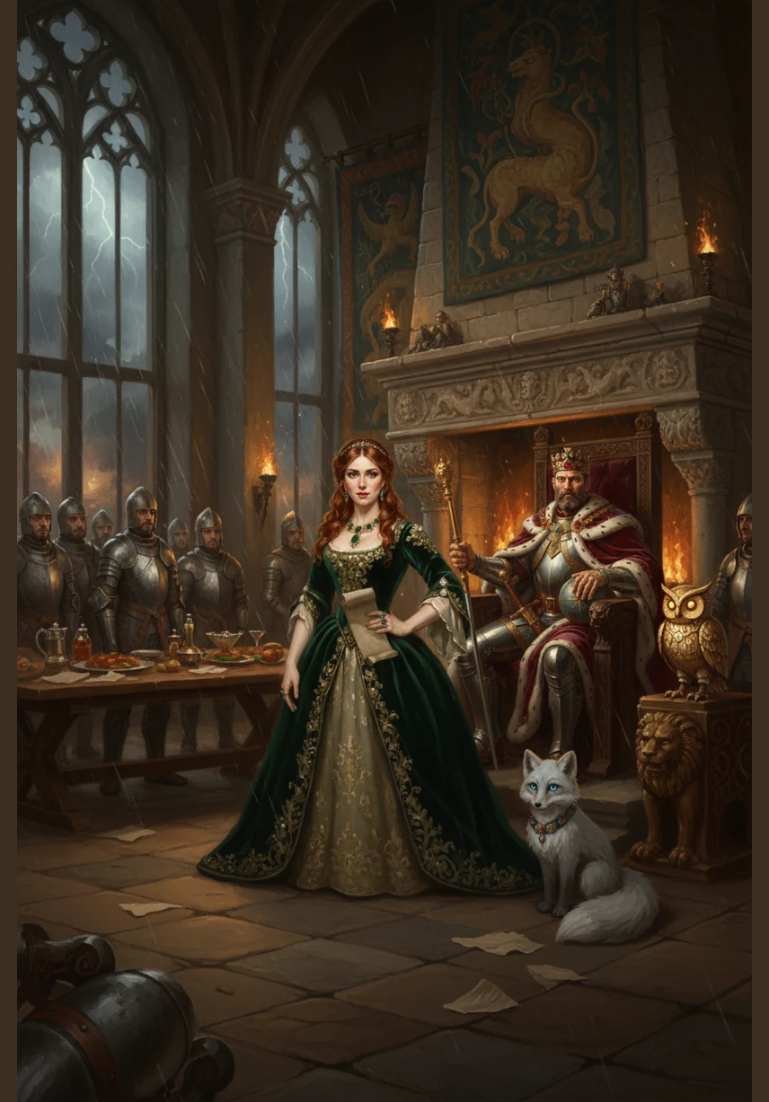 One dark and stormy evening, thunder shook the castle walls and rain lashed against the windows like tiny silver hammers. A sudden, persistent knocking echoed through the Great Hall, surprising the King and Queen during their quiet dinner.
