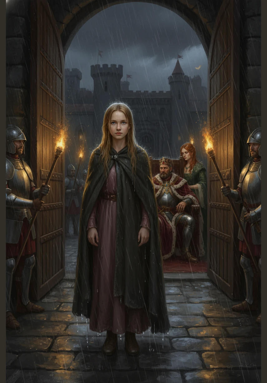 Standing at the gate was a young woman drenched from head to toe, her golden hair clinging to her pale cheeks and water streaming from her cloak. Despite her bedraggled appearance, she looked the King in the eye and claimed she was a true princess named Eva.