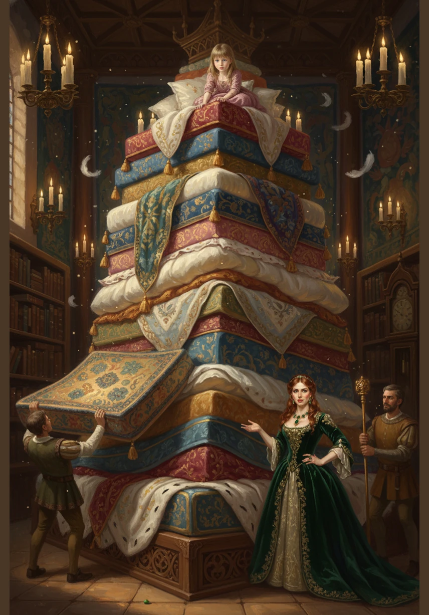Upon that tiny pea, the servants piled twenty thick mattresses and twenty soft eiderdown quilts until the bed reached toward the high ceiling. It looked like a colorful mountain of fabric, swaying gently in the soft glow of the candlelight.