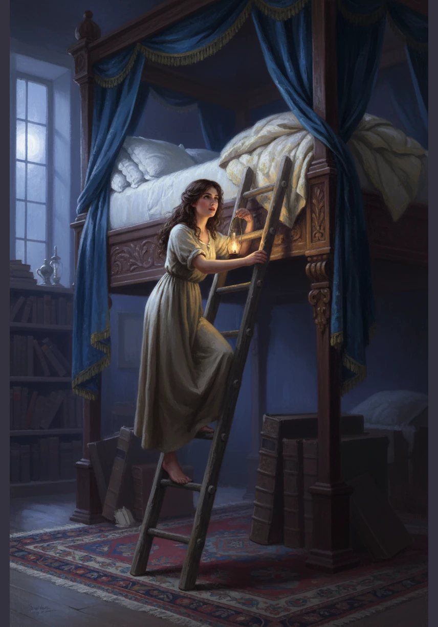 Eva had to use a tall wooden ladder just to reach the top of her towering bed for the night. She settled into the soft layers, feeling small against the vastness of the room, hoping for a peaceful rest after her long journey through the storm.