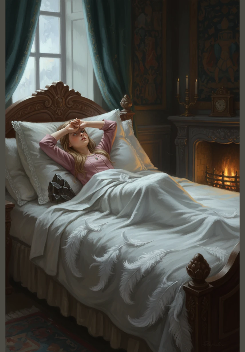 Throughout the night, Eva could not find a moment of peace, tossing and turning against an invisible hardness that seemed to pierce through the fluff. She felt as though she were lying upon a jagged rock that kept her wide awake until the first light of dawn.