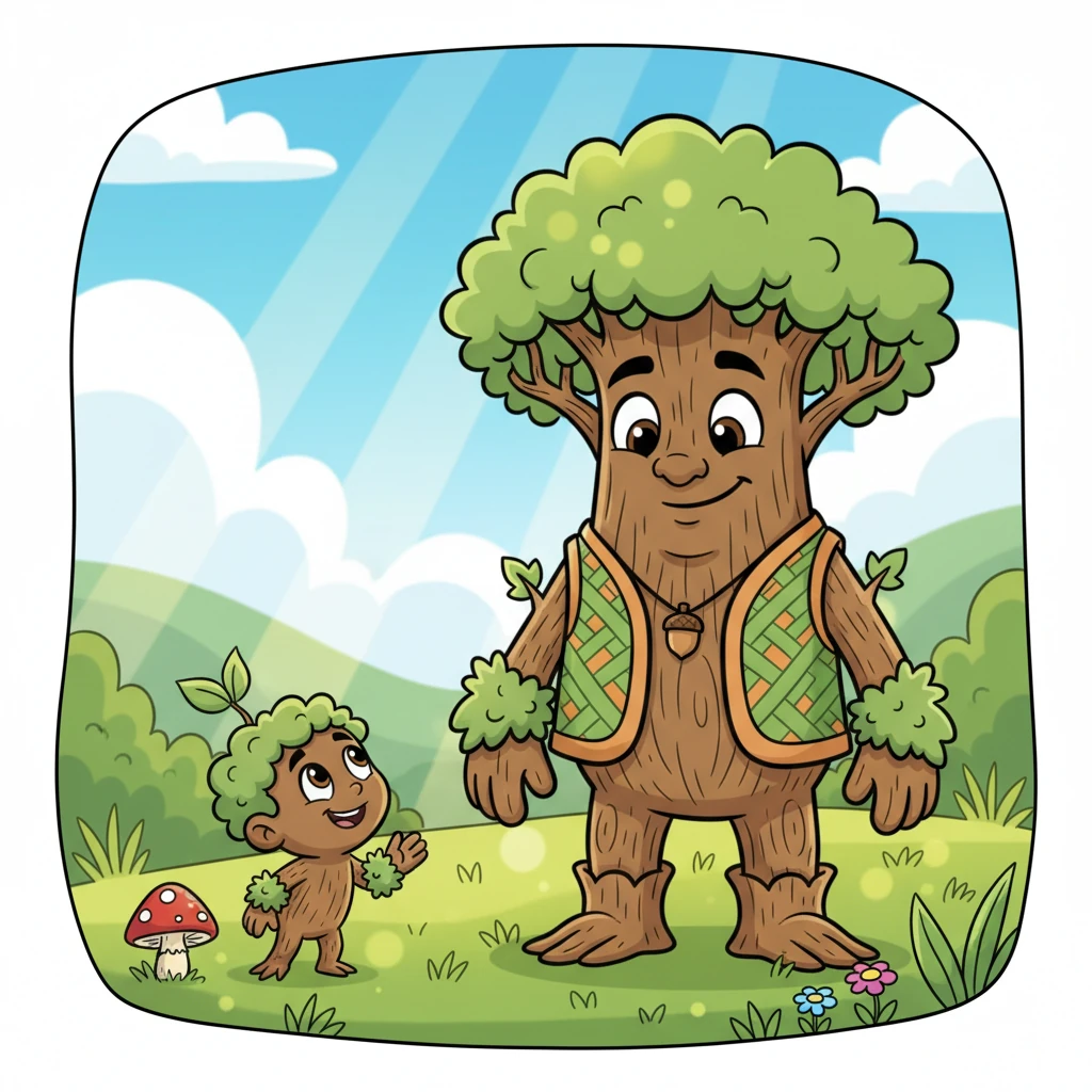 In a sun-dappled meadow stood Pip, a tiny, eager sapling, no taller than a mushroom. Pip gazed up at the magnificent Grandfather Oak, wishing with all its heart to be as big and strong as he was.