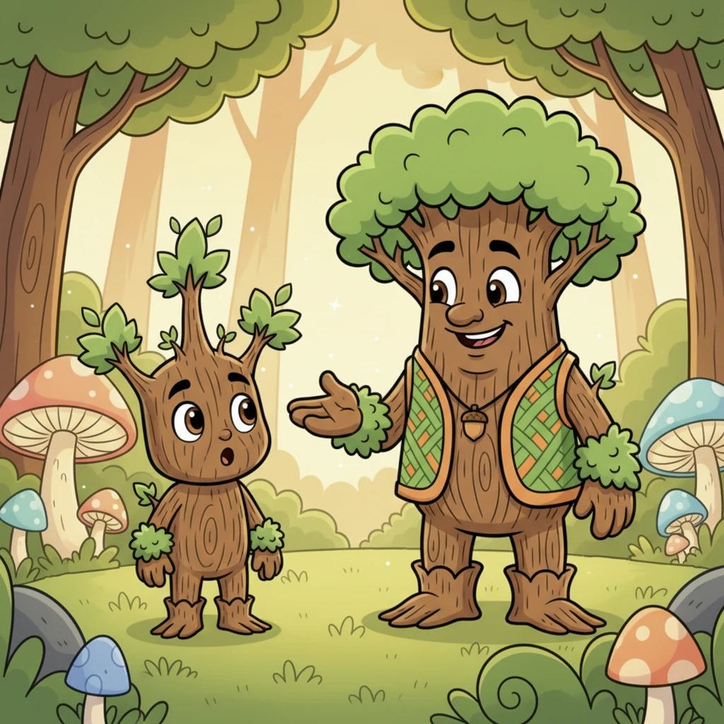 Pip listened intently, its tiny leaves perking up with curiosity. Its expressive face showed a mix of surprise and wonder, slowly beginning to understand Grandfather Oak's gentle words.