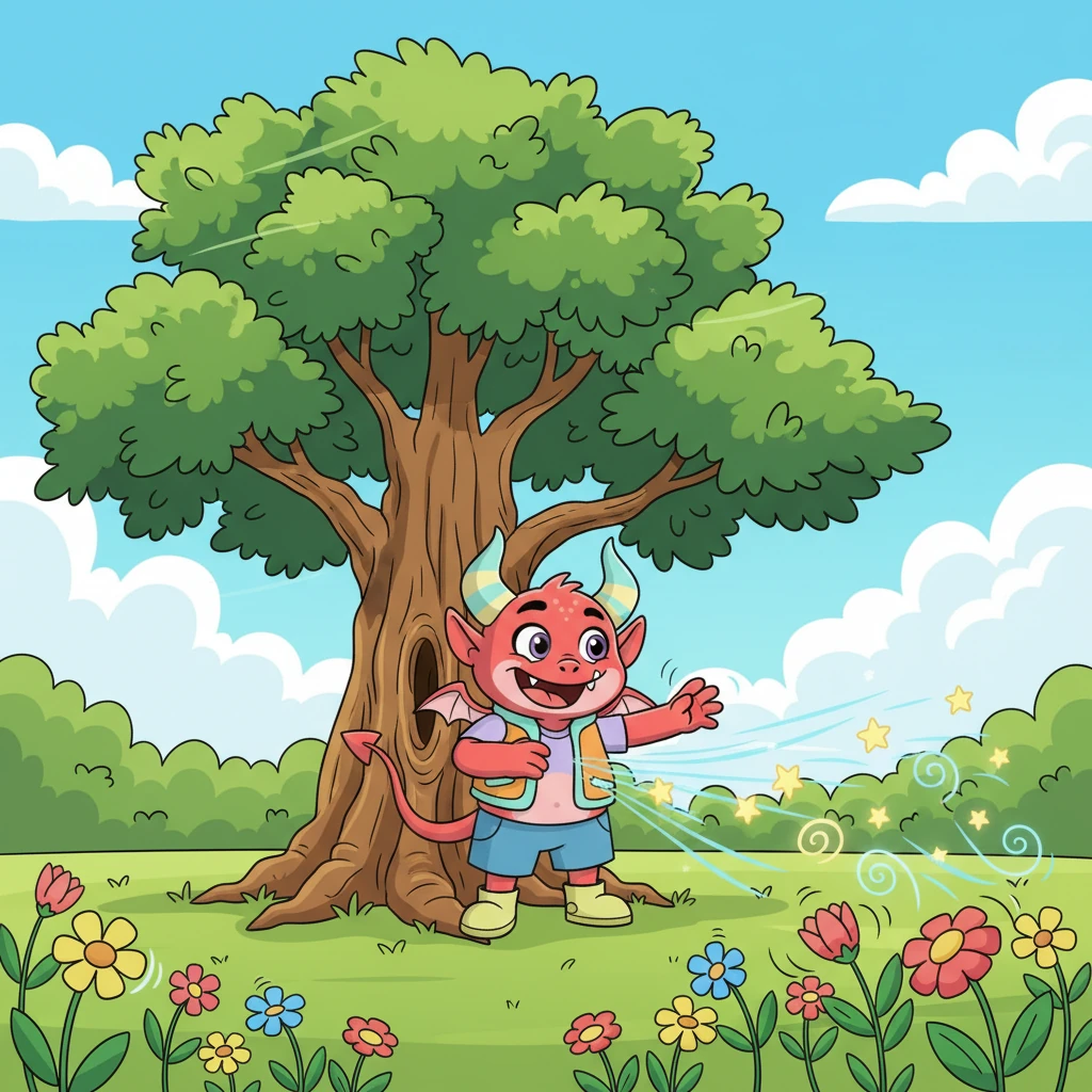 One breezy afternoon, a mischievous little wisp of shadow, a "Giggle-Demon" named Piff, popped out from behind a big oak tree. Piff wasn't scary, just a bit of a trickster, with two tiny horns and a wide, cheeky grin. It loved to make things jiggle and wobble.
