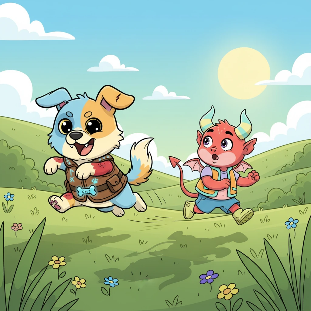 Sparky, spotting the strange, wobbly shadow, thought it looked like a new, bouncy toy! With a joyful "Woof!" and a burst of energy, he began to playfully chase Piff across the meadow. His paws barely touched the ground as he bounded along.