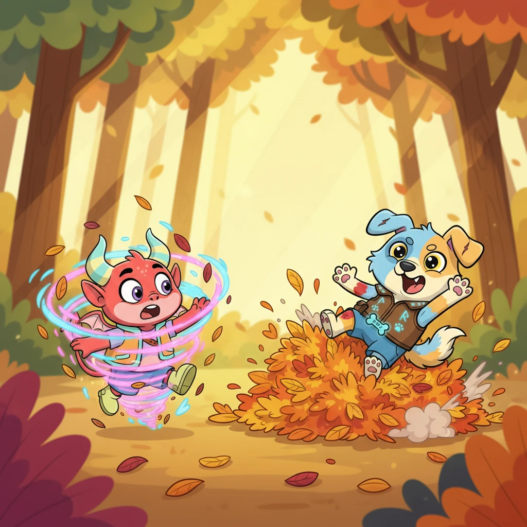 Piff, startled by Sparky's enthusiastic pursuit, quickly swirled into a tiny, dizzying whirlwind. Sparky, caught off guard by the sudden spin, tumbled head-over-paws into a soft pile of leaves. He was more surprised than hurt, landing with a comical puff.