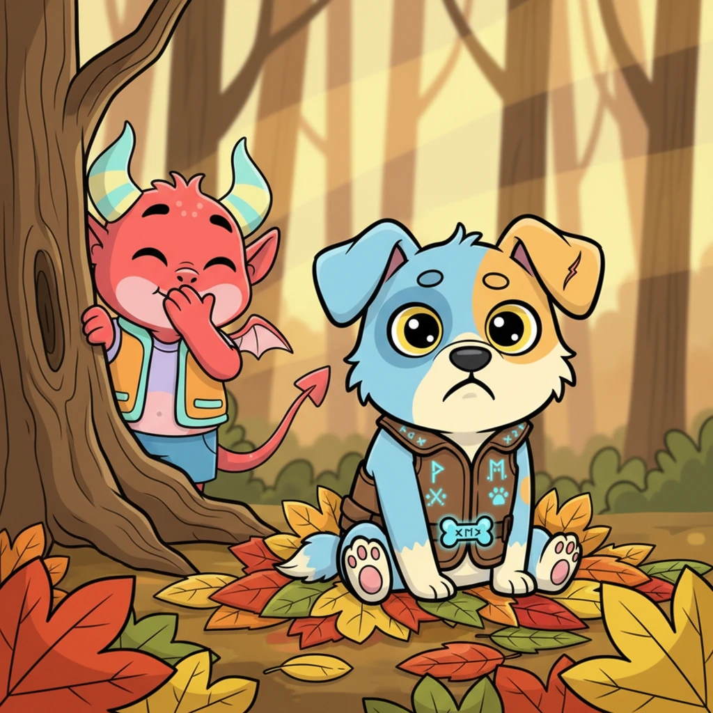 For a moment, Sparky sat amidst the leaves, his ears drooped just a tiny bit, and a puzzled frown creased his furry brow. He blinked his big, brown eyes, wondering what had just happened. Piff giggled from a safe distance, feeling a little bad.