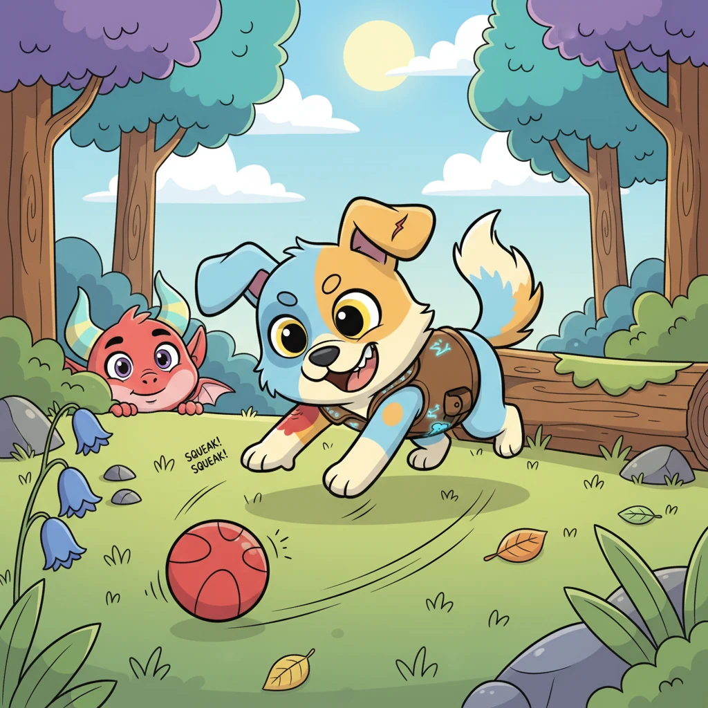 With a playful glint, Sparky fetched his favorite squeaky ball. He didn't chase Piff directly; instead, he rolled the ball in a big, enticing loop, making it bounce and squeak near where Piff was hiding. It was a clever lure!